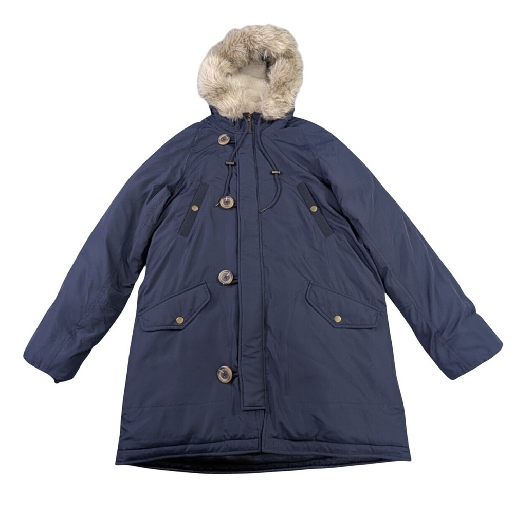 J‎ Crew Down Parka Womens S Blue Hood Removable Fur Winter Outdoor Warm Full Zip